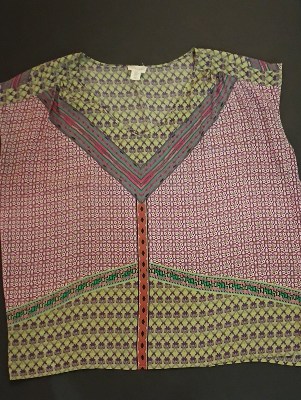 Lucy & Laurel Sleeveless Tunic in Purple, Green and Coral Trim Beading Boho